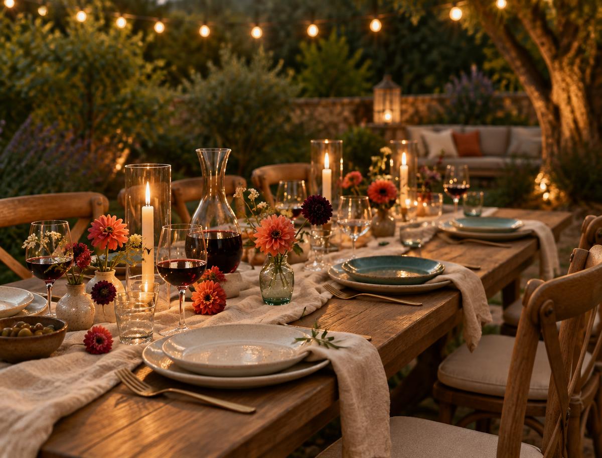 A casual candlelit backyard supper table with ceramics, coral blooms and string lights