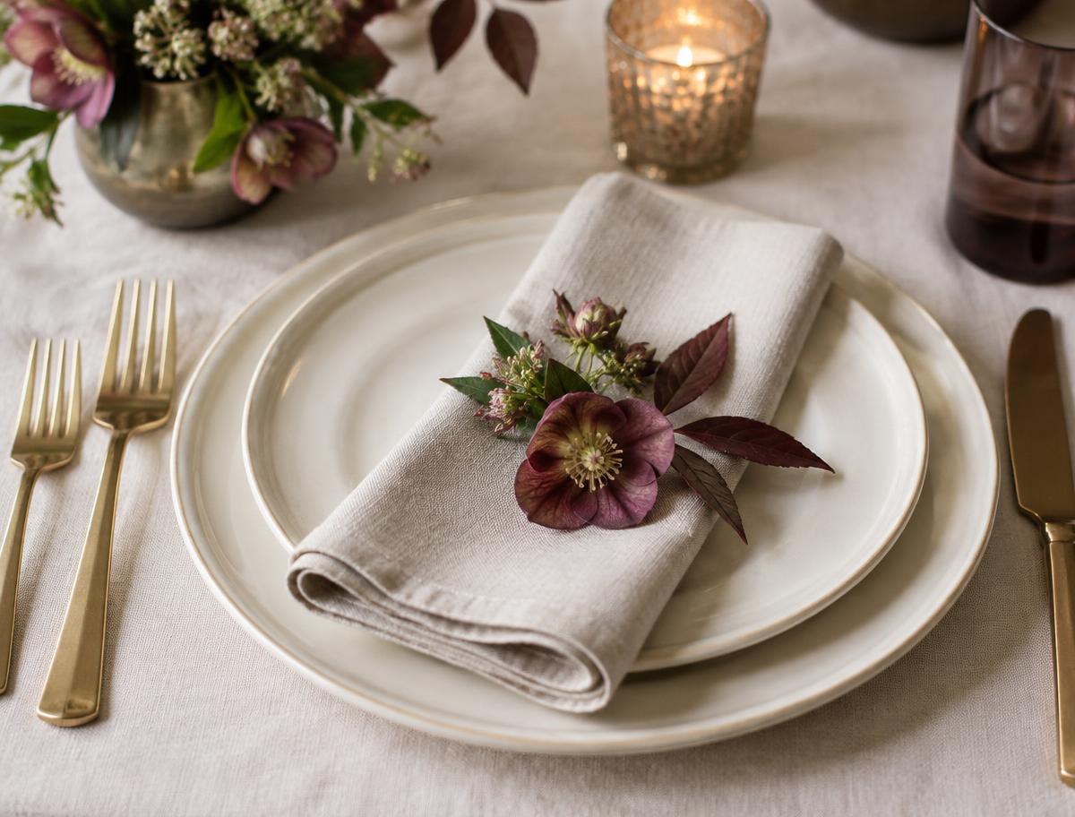 An elegant place setting with ivory plates, a folded linen napkin and a plum bloom