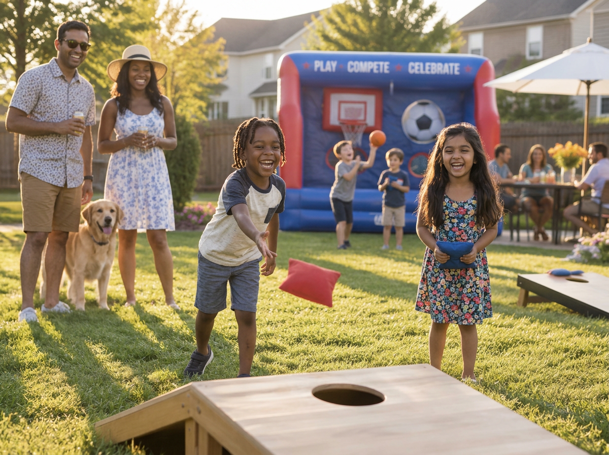 Black, Indian, and white children and parents playing lawn games together in a sunny backyard
