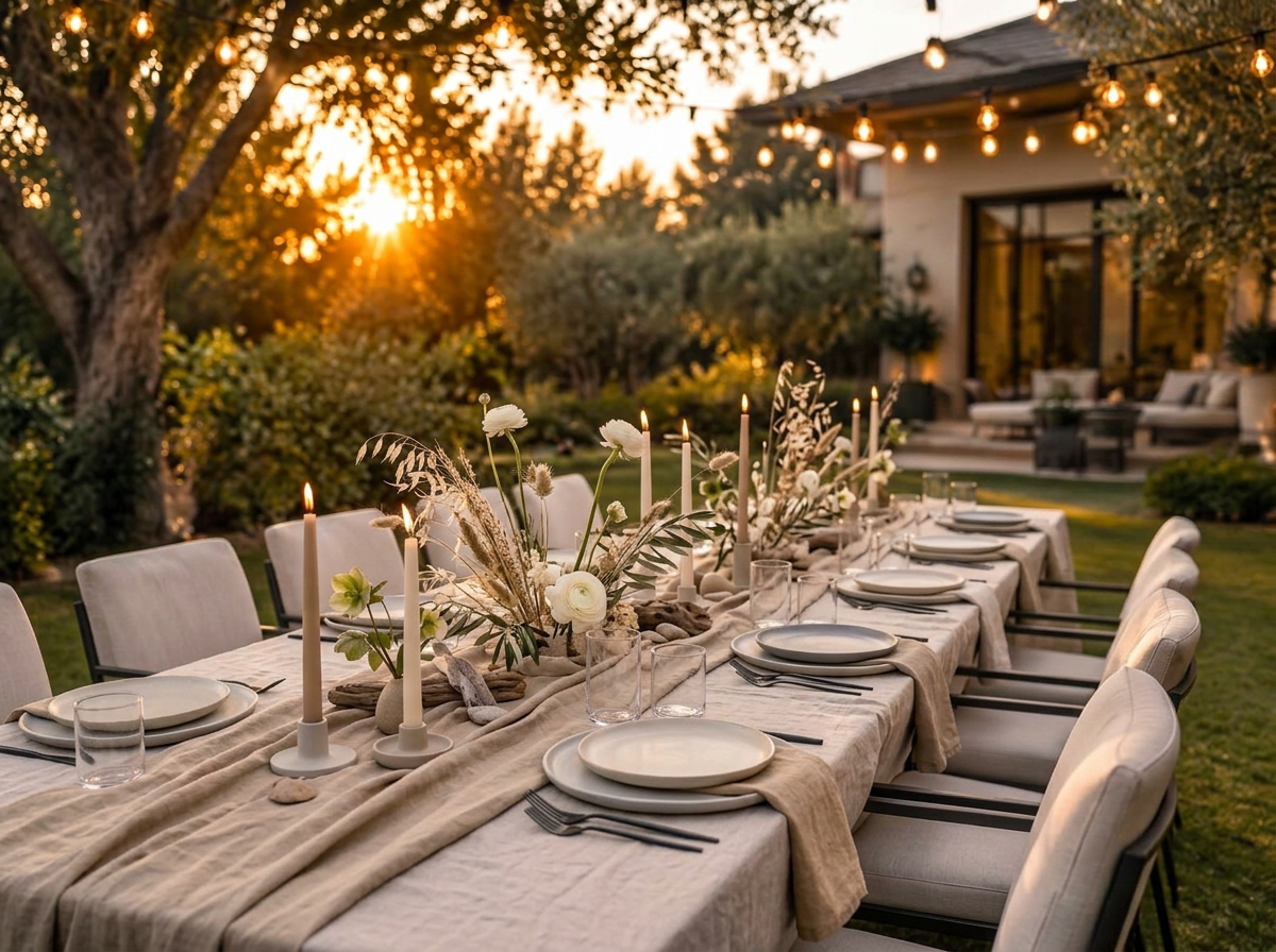 Modern backyard dinner table at golden hour with string lights, natural linen, dried grasses, olive branches and taper candles