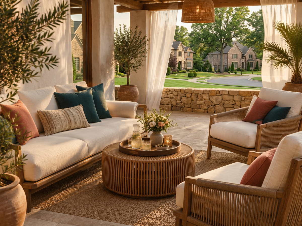 A resort-style lounge seating area beside a set dining table overlooking an upscale neighborhood